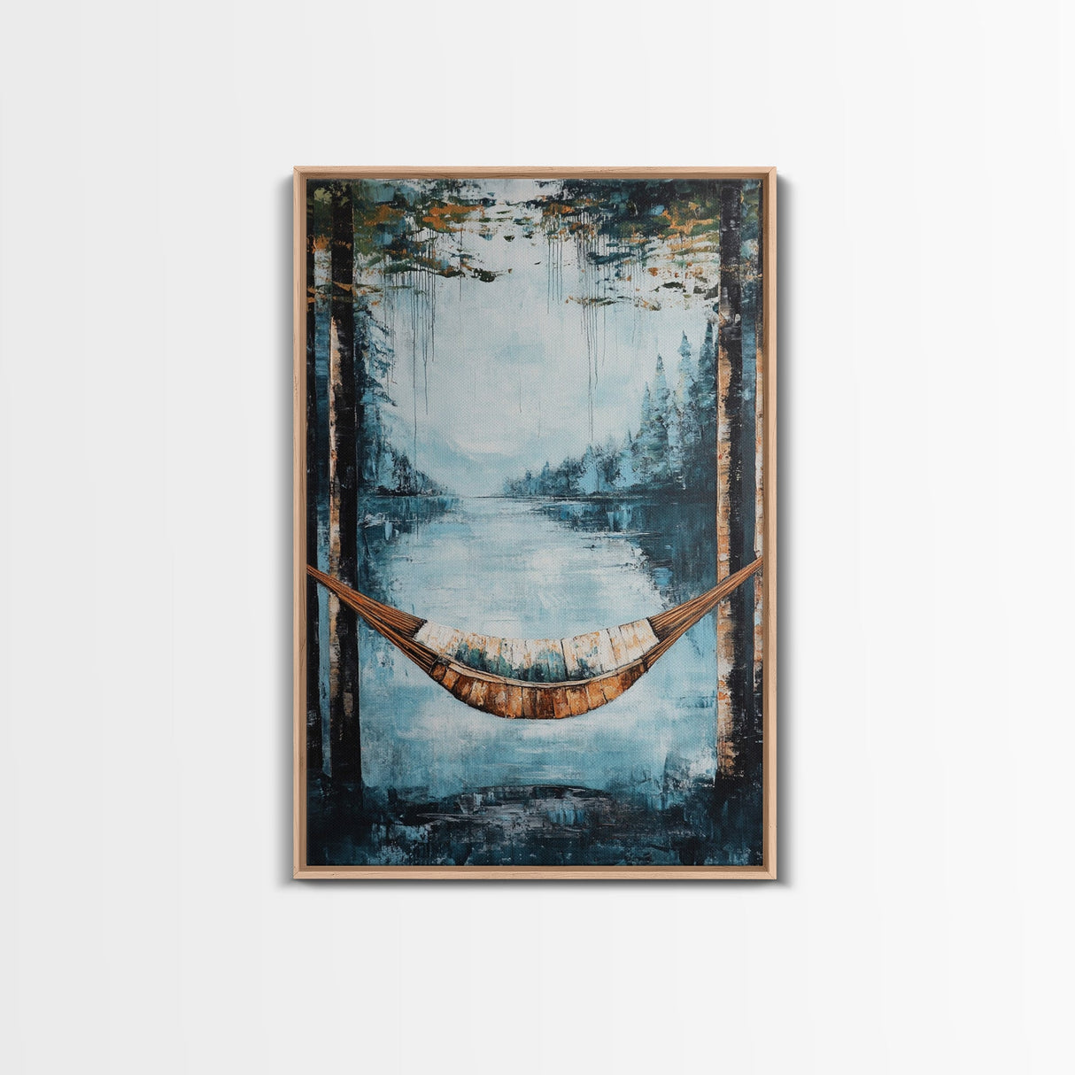 Hammock, Lake, Birch Trees, Framed Canvas Print, birch tree painting, landscape painting, wabi sabi art, rustic decor, extra wide art