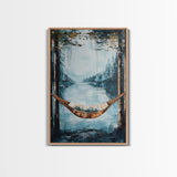 Hammock, Lake, Birch Trees, Framed Canvas Print, birch tree painting, landscape painting, wabi sabi art, rustic decor, extra wide art