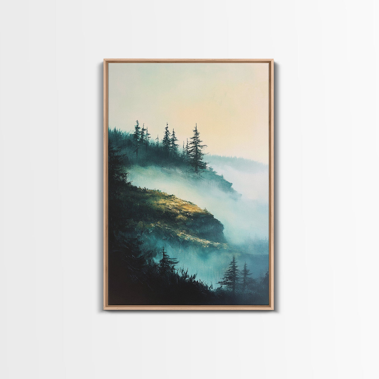 Foggy Mountains, mountain painting, smoky mountain art, pine tree art, forest at dusk painting, Framed Canvas Print, bedroom art