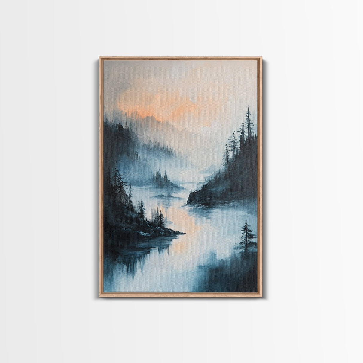 Misty Lake, landscape painting, smoky mountain art, pine tree art, moody art, blue and green wall art, Canvas Print, above sofa art