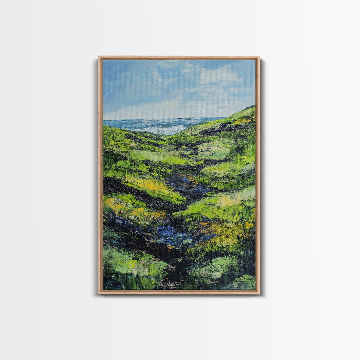 Ireland painting, green wall art, coastal landscape art, wabi sabi art, farmhouse art, Framed Canvas Print, landscape painting
