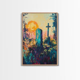 Graveyard Sunset, dark romance painting, gothic wall art, moody art, vintage folk art, atmospheric painting, framed canvas print