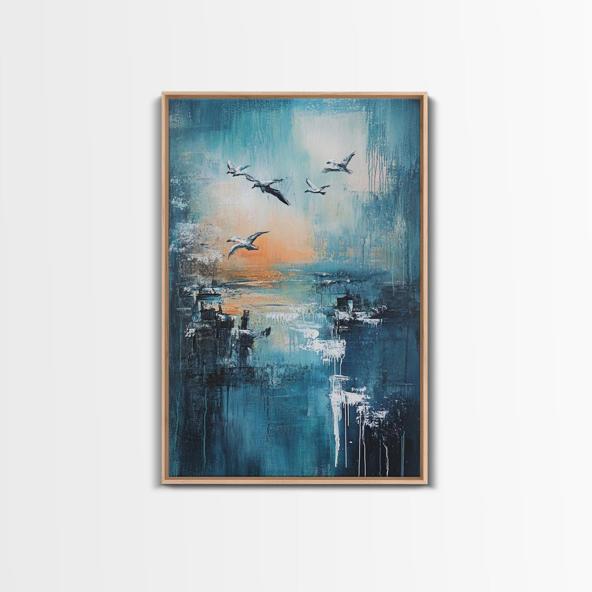Seagull Art, coastal wall art, nautical painting, ocean birds, teal wall art, moody art, framed canvas print, gift idea, coastal decor