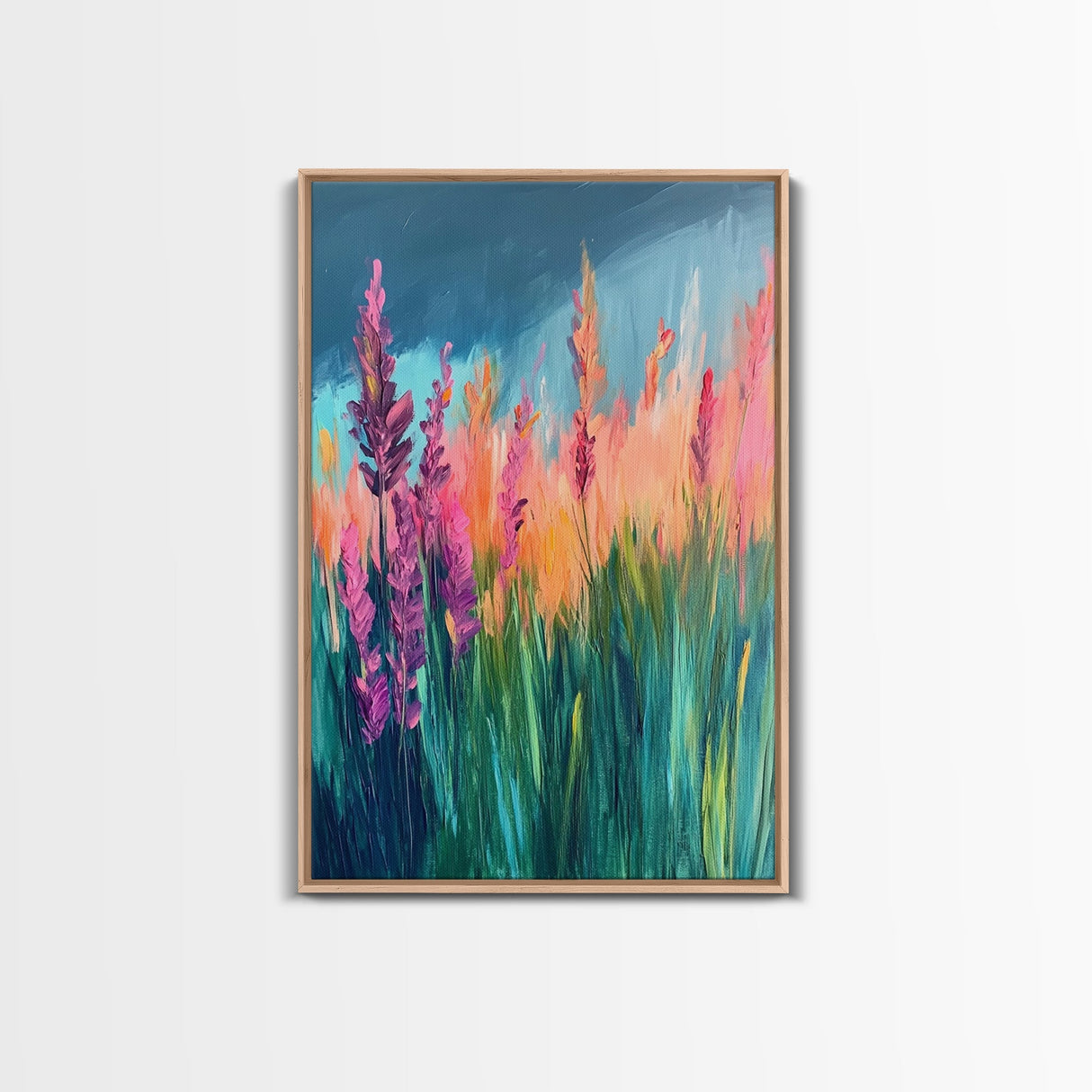 Wildflower Painting, poppy wall art, pink orange wall art, floral landscape, botanical prints, framed canvas print, rustic wall art