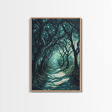 Mystical Tree Tunnel Framed Canvas Print Enchanted Forest Art, Fantasy Landscape, Dark Green Nature Decor, Living Room Wall Art