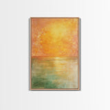 Golden Sunset Horizon Framed Canvas Print Warm Minimalist Wall Art, Serene Ocean Painting, Modern Living Room Decor, Calming Tones