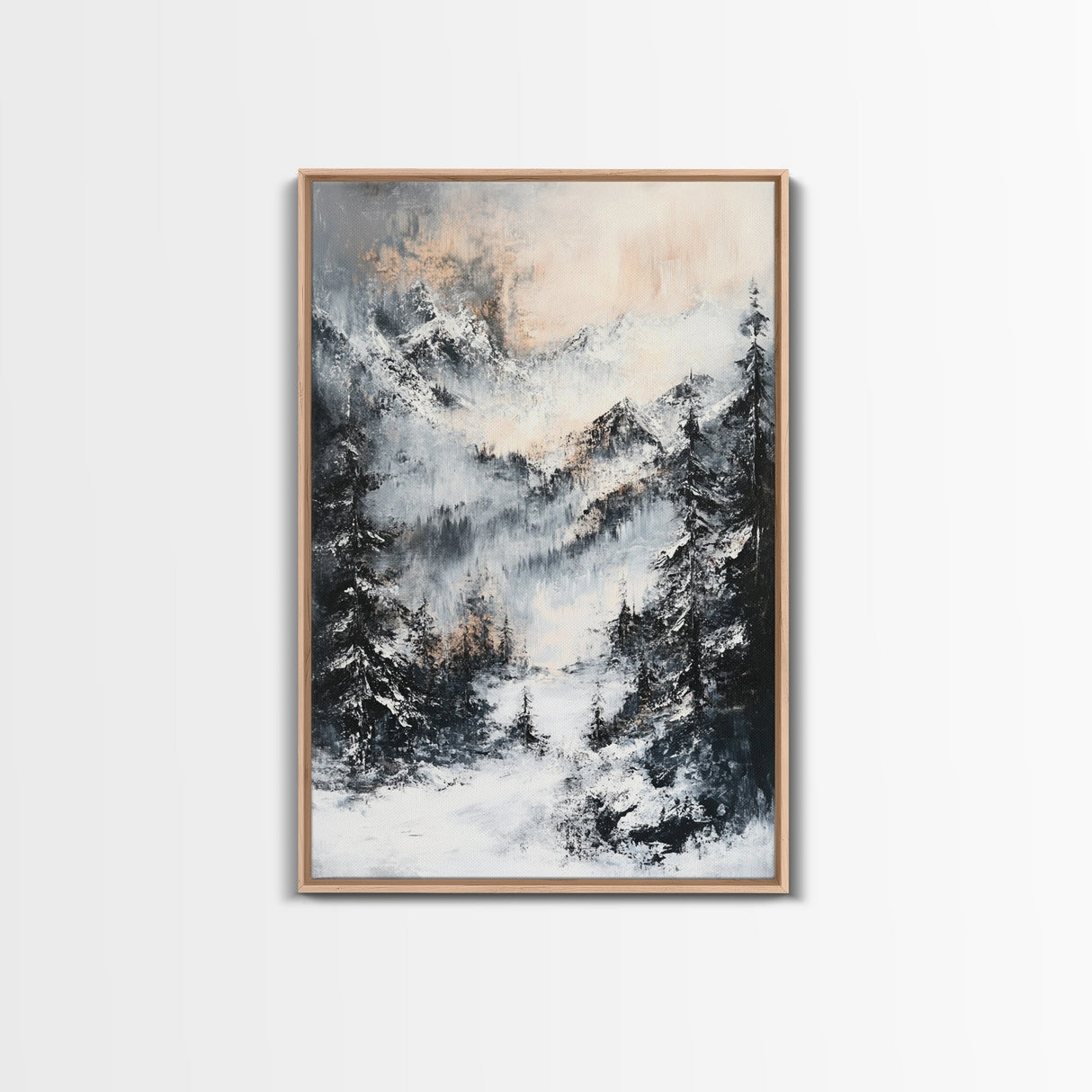 Snowy Mountain Scene Canvas Print Winter Wonderland Wall Art, Alpine Landscape Painting, Cozy Cabin Decor, Neutral Holiday Artwork