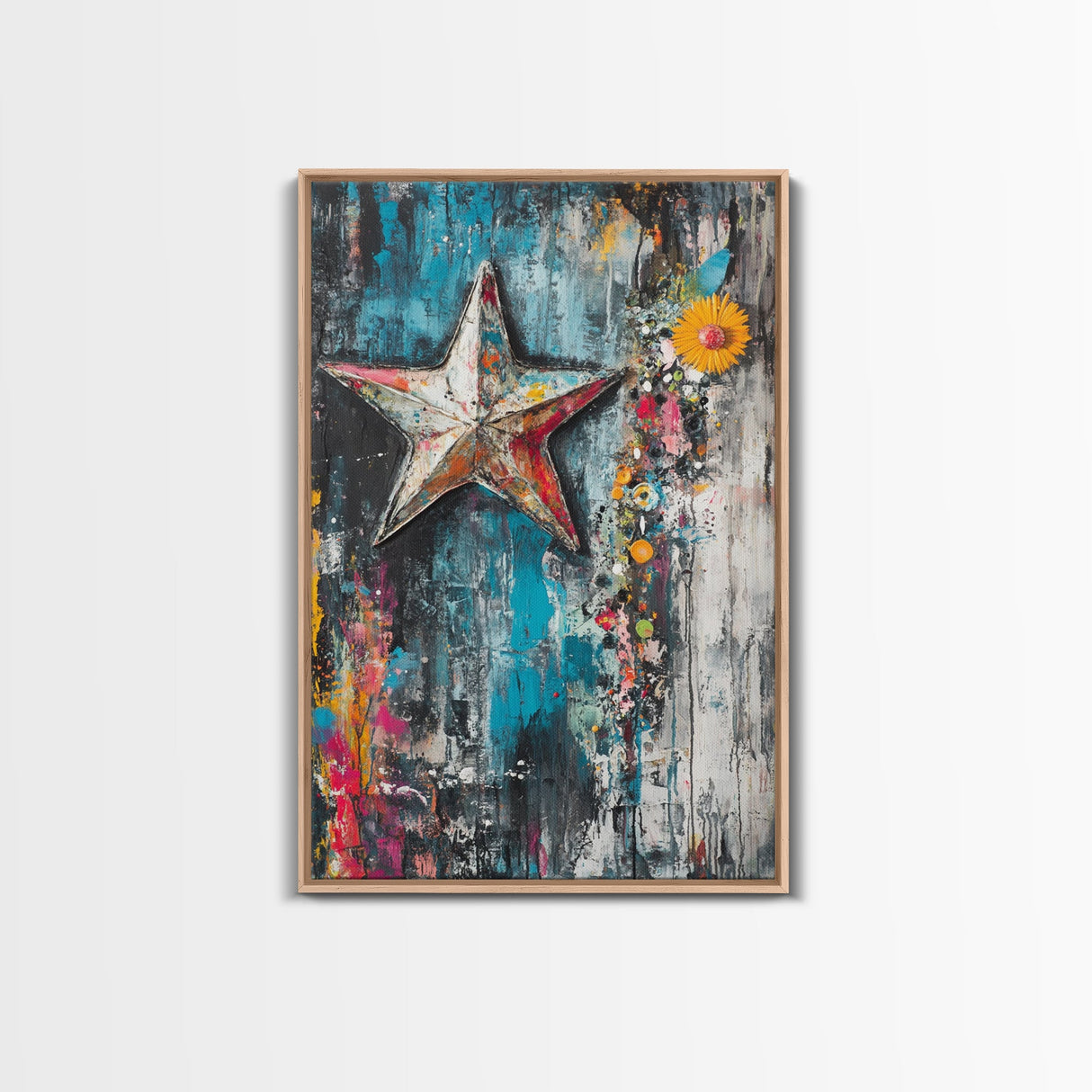 Metal Star Rustic Framed Canvas Print Patriotic Wall Art, Western Home Decor, Distressed Americana Artwork, Country Farmhouse Style