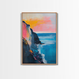 Sunset Cliff Framed Canvas Print Coastal Seascape Wall Art Vibrant Ocean Painting Modern Beach House Decor Relaxing Home Gift