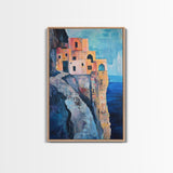 Cliffside Village, Mediterranean Art, Coastal Wall Art, Seascape Painting, Boho Art, Rustic Wall Art, Framed Canvas Print