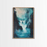 waterfall painting, landscape painting, framed canvas print, mountain painting, rustic wall art, blue and green wall art, gift idea