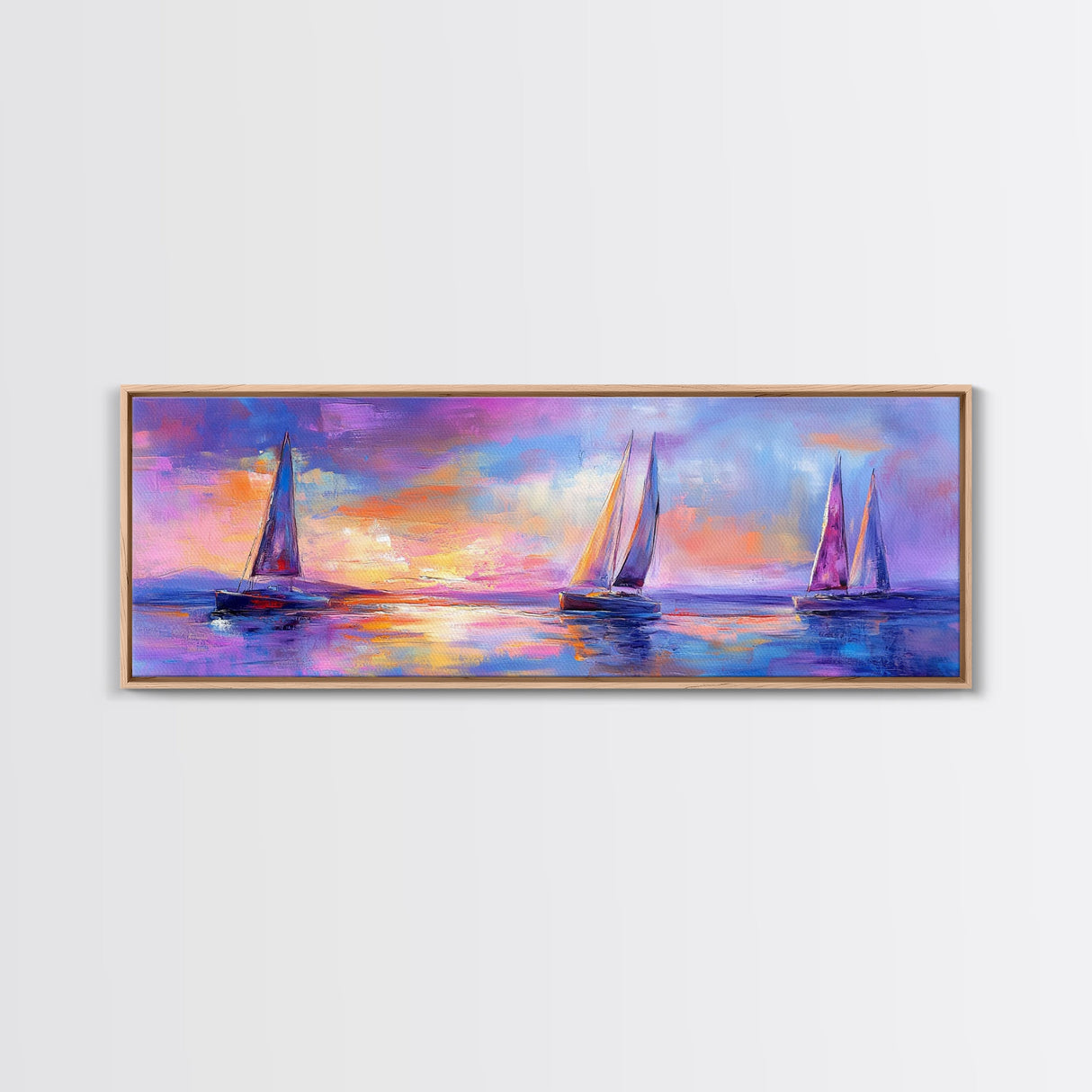 Sailboats at Sunset Framed Canvas Print Nautical Wall Art, Vibrant Ocean Painting, Coastal Home Decor, Large Living Room Artwork