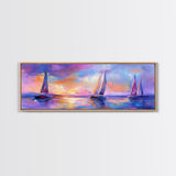 Sailboats at Sunset Framed Canvas Print Nautical Wall Art, Vibrant Ocean Painting, Coastal Home Decor, Large Living Room Artwork