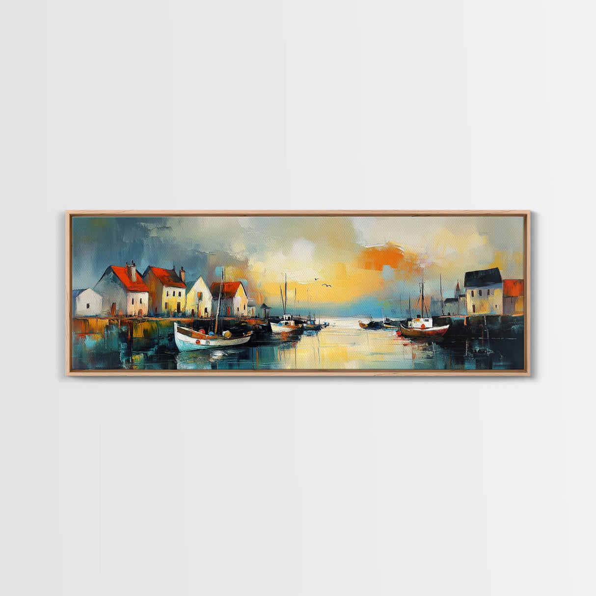 Seaside Village Harbor Canvas Print Coastal Boats Wall Art Nautical Fishing Town Decor Rustic Beach House Artwork Framed Print