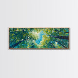 Sunlit Forest Framed Canvas Print Vibrant Nature Wall Art, Green Tree Canopy Painting, Bright Boho Decor, Botanical Living Room Art