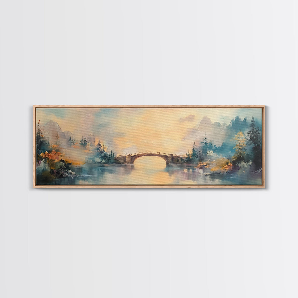 Misty Bridge Framed Canvas Print, Dreamy Lake Landscape Wall Art, Autumn Home Decor, Romantic Nature Painting, Serene Wall Artwork