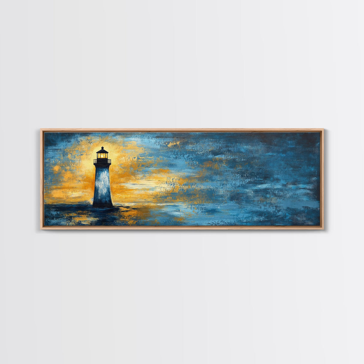Lighthouse at Dusk Art, Nautical Coastal Painting, Moody Blue and Gold Wall Decor, Ocean Scene Artwork, Tranquil Living Room Art