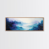 Ethereal Foggy Forest Framed Canvas Print - Mystical Landscape Wall Art, Blue and Purple Nature Decor, Living Room Art