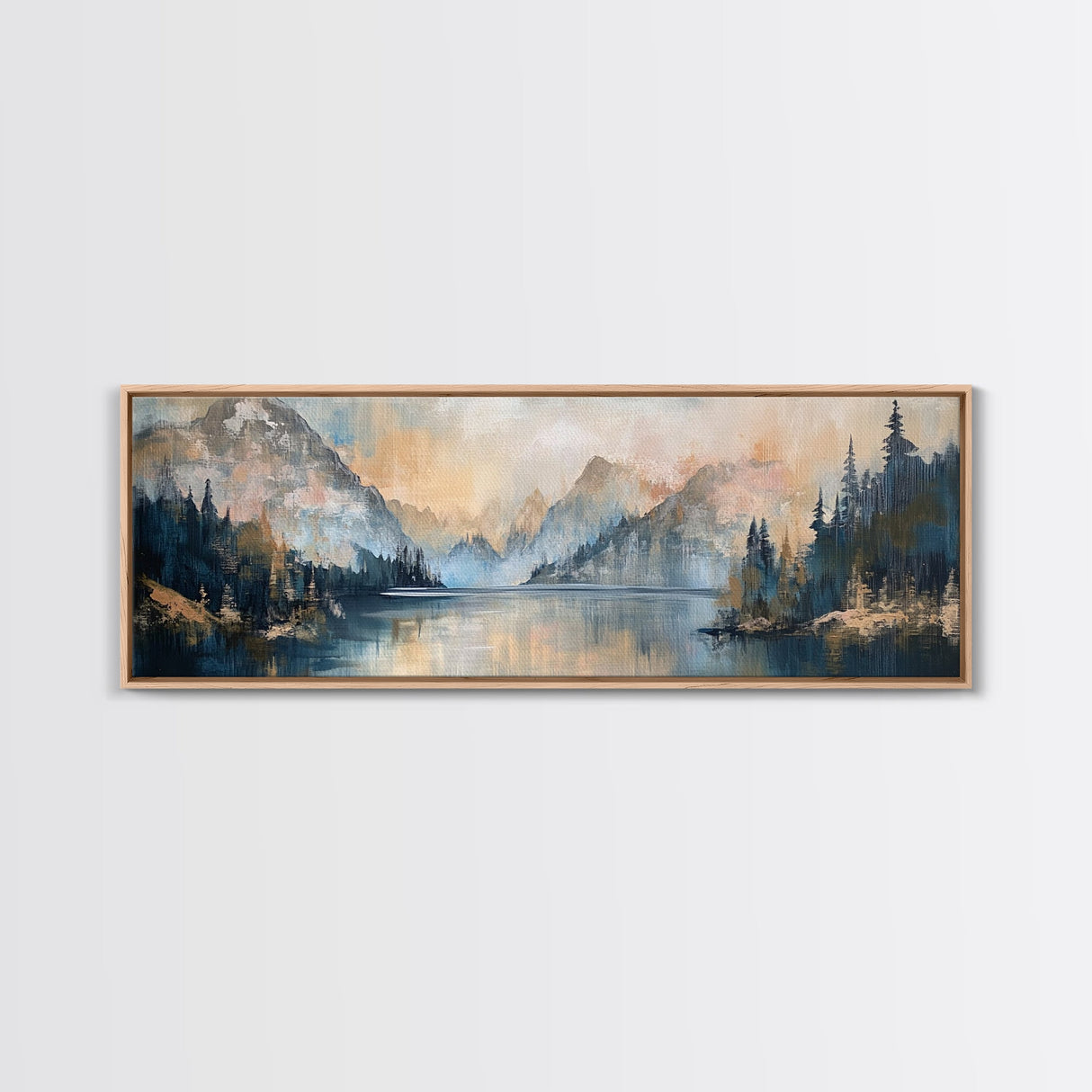 Mountain Lake Reflection Framed Canvas Print - Tranquil Nature Painting, Neutral Home Decor, Minimalist Landscape Wall Art