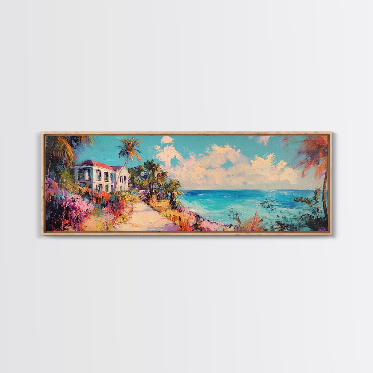 Tropical Beach Canvas Print Coastal House Painting, Palm Tree Art, Vibrant Seaside Wall Decor, Summer Home Decor, Living Room Art