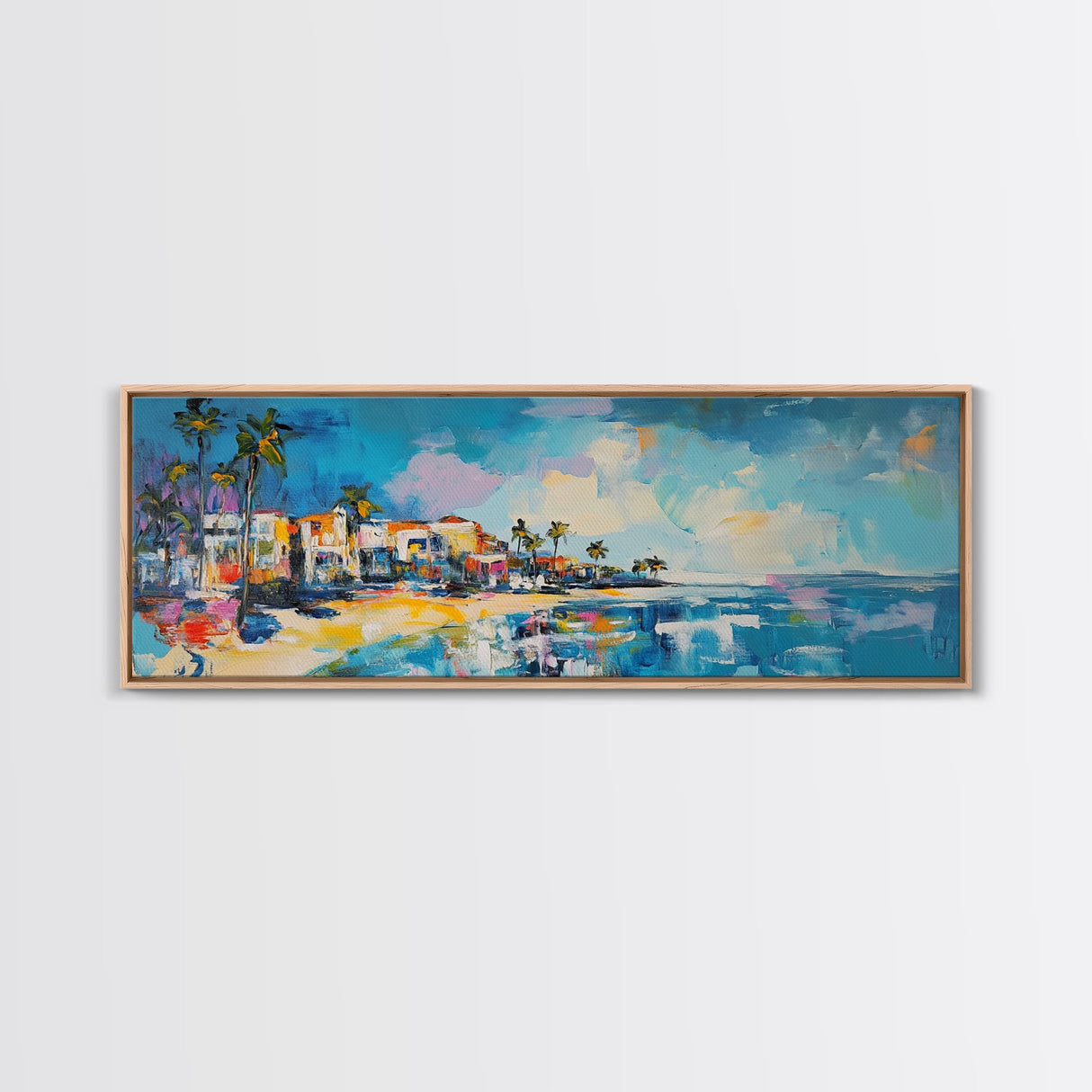 Tropical Beach Houses Framed Canvas Print Coastal Wall Art Vibrant Colorful Painting Modern Decor Large Art Living Room Office Art