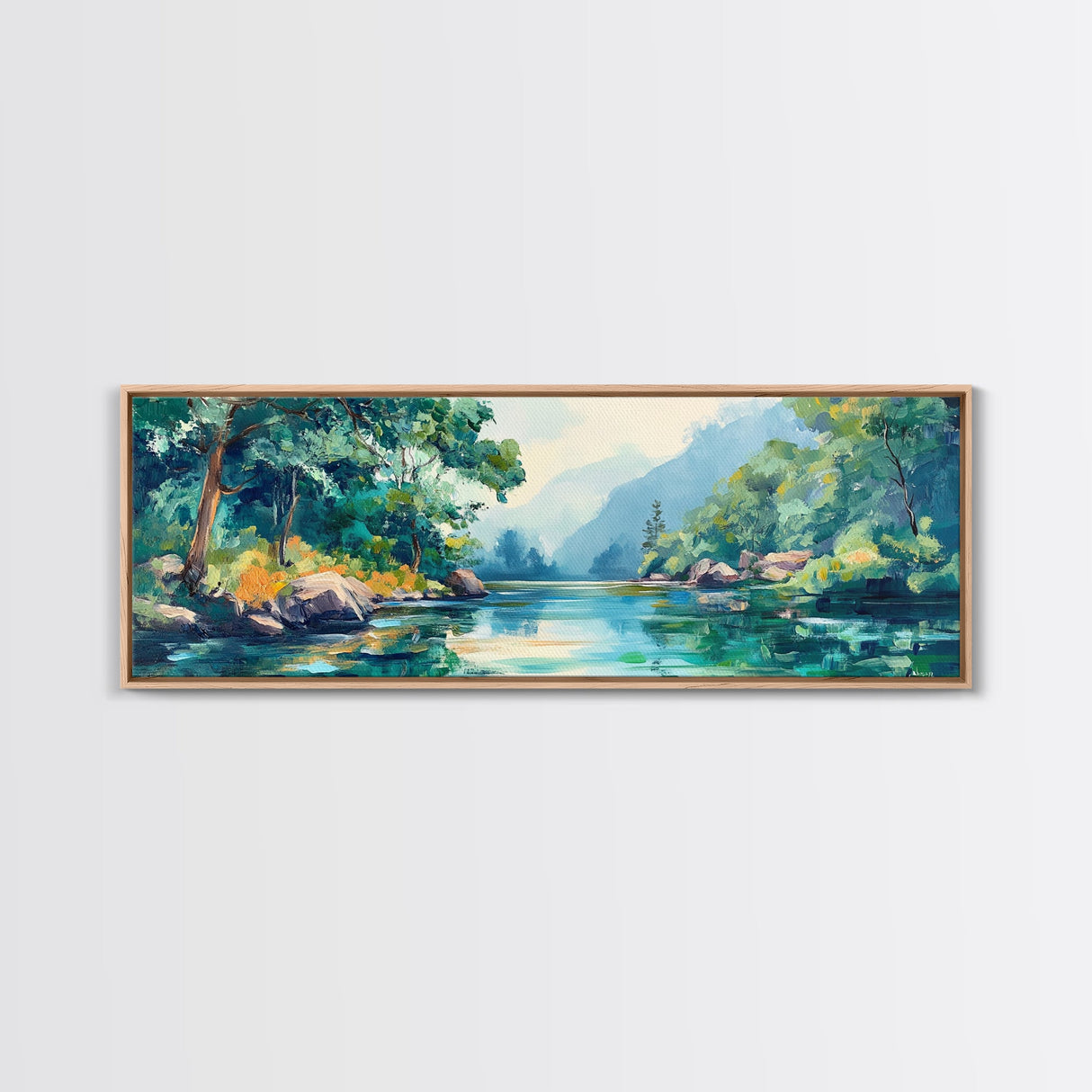 Mountain Lake View Canvas Print, Serene Landscape Painting, Green Nature Wall Art, Living Room Decor, Rustic Cabin Artwork, Gift Idea