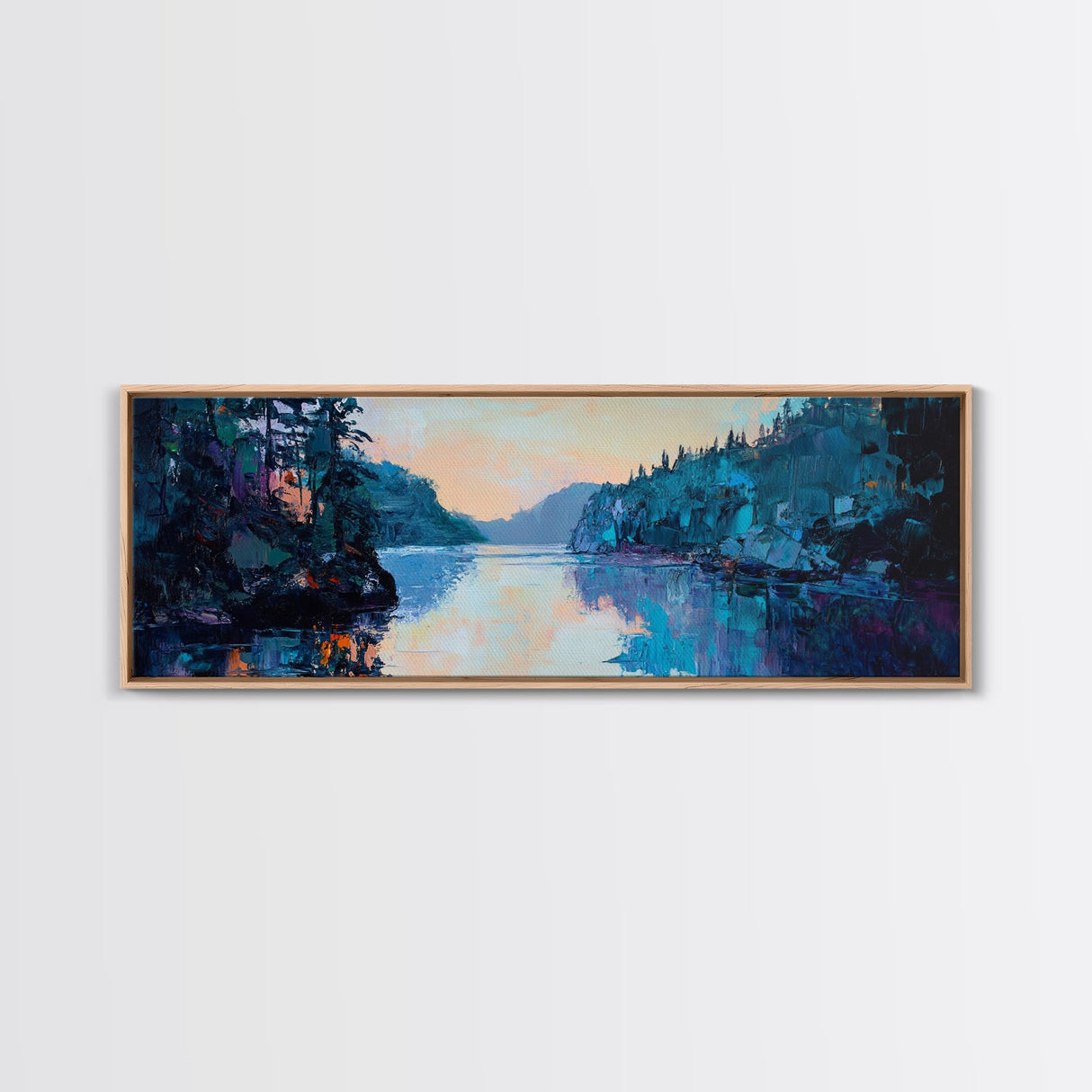 Twilight Lake Reflections Framed Canvas Print, Moody Landscape Painting, Dark Blue Nature Wall Art, Bedroom Art, Wilderness Artwork