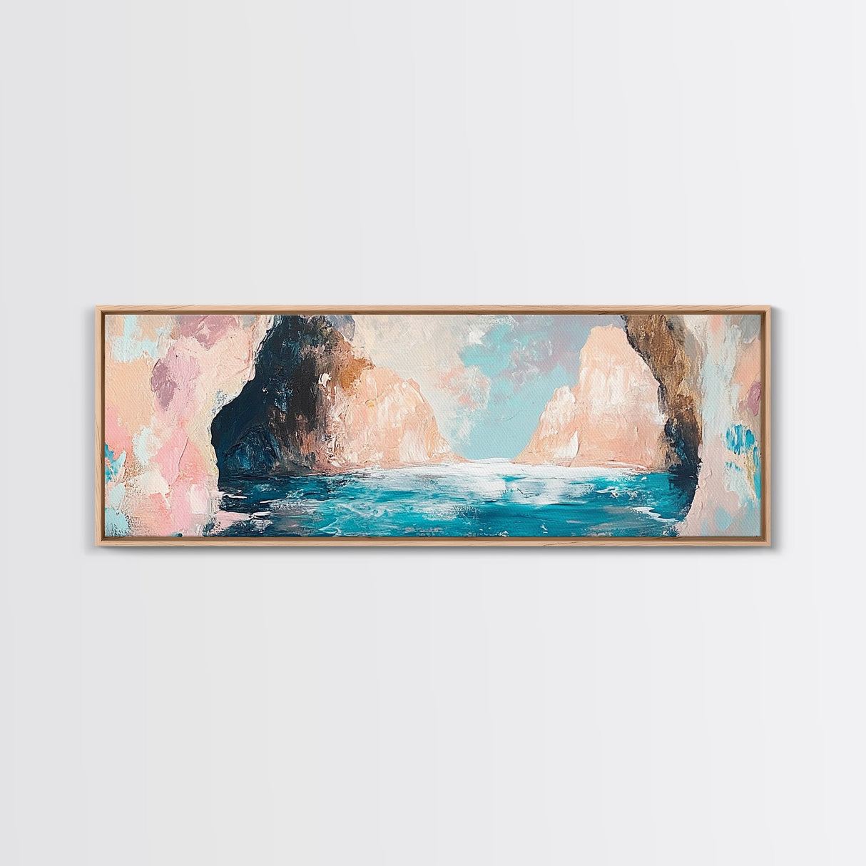 Serene Ocean Cliffs Framed Canvas Print Soft Pastel Coastal Art, Minimalist Seascape Painting, Tranquil Beach Decor, Modern Home Art