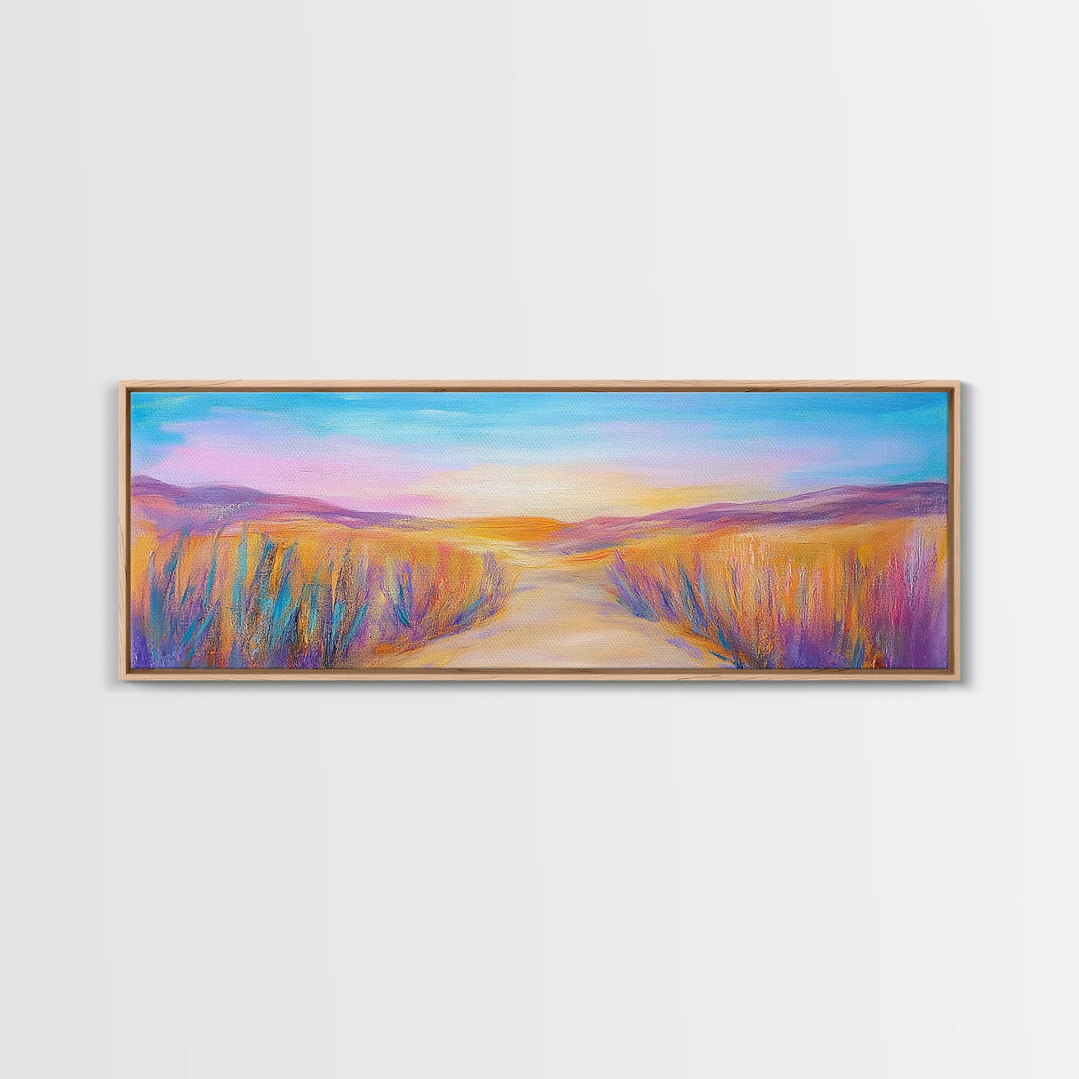 Serene Desert Sunset Path Framed Canvas Print, Southwestern Landscape Wall Art, Warm Earthy Tones, Nature Decor, Living Room Art