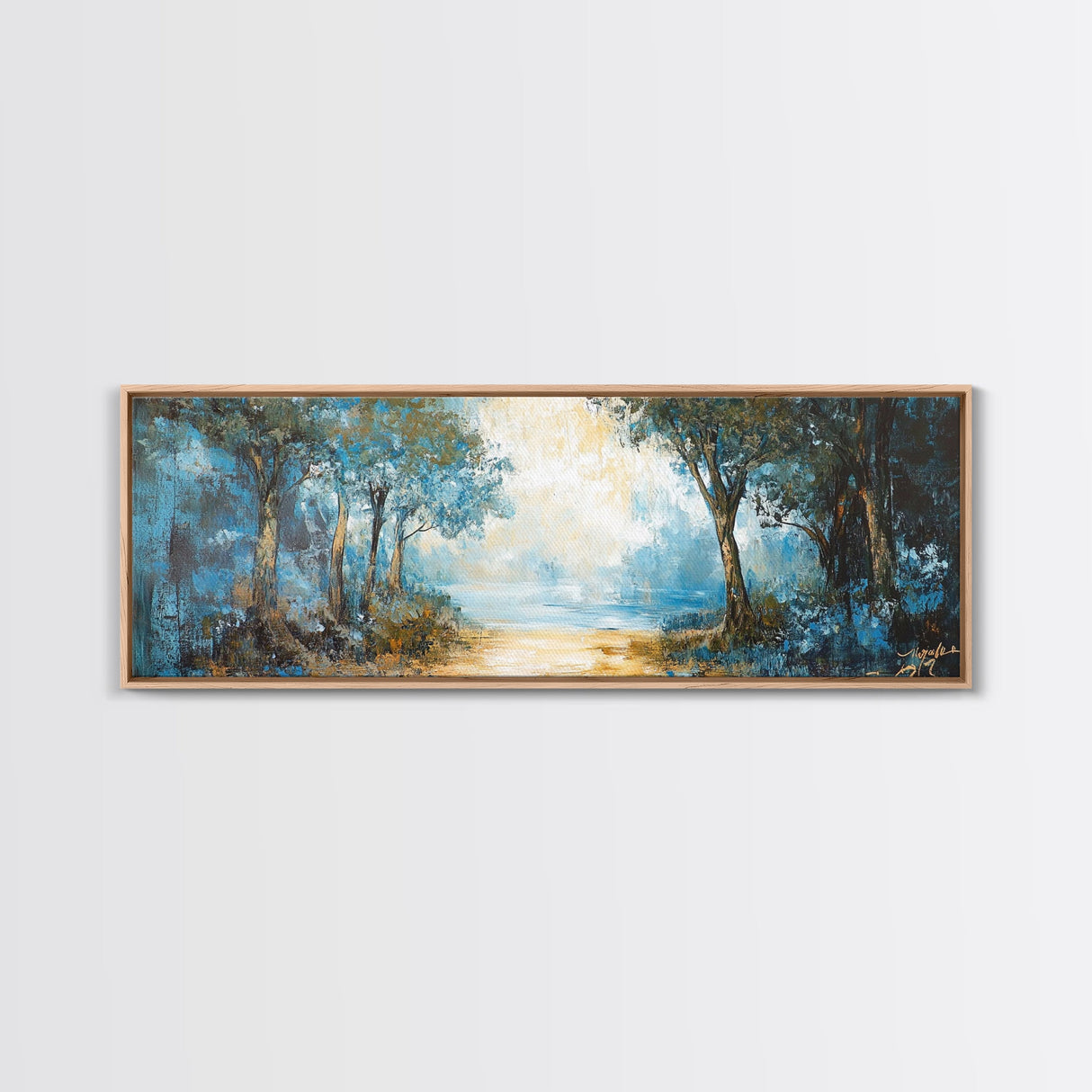 Blue Forest Path Framed Canvas Print Landscape Painting, Nature Inspired Wall Art, Rustic Home Decor, Modern Artwork