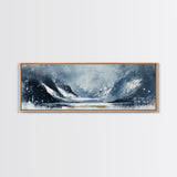 Moody Winter Mountains Framed Canvas Print Dark Landscape Painting Snowy Peaks Rustic Cabin Wall Art Lodge Decor Adventure Gift
