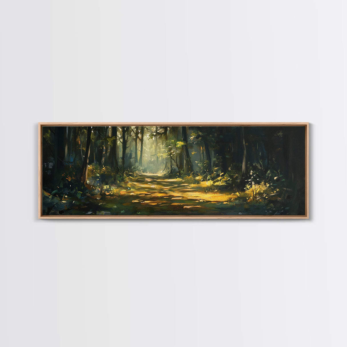 Forest Path, Sunlit Woodland Wall Art, Nature Escape Painting, Cabin Decor, Framed Canvas Print, Outdoor Lover Gift, Entryway Art
