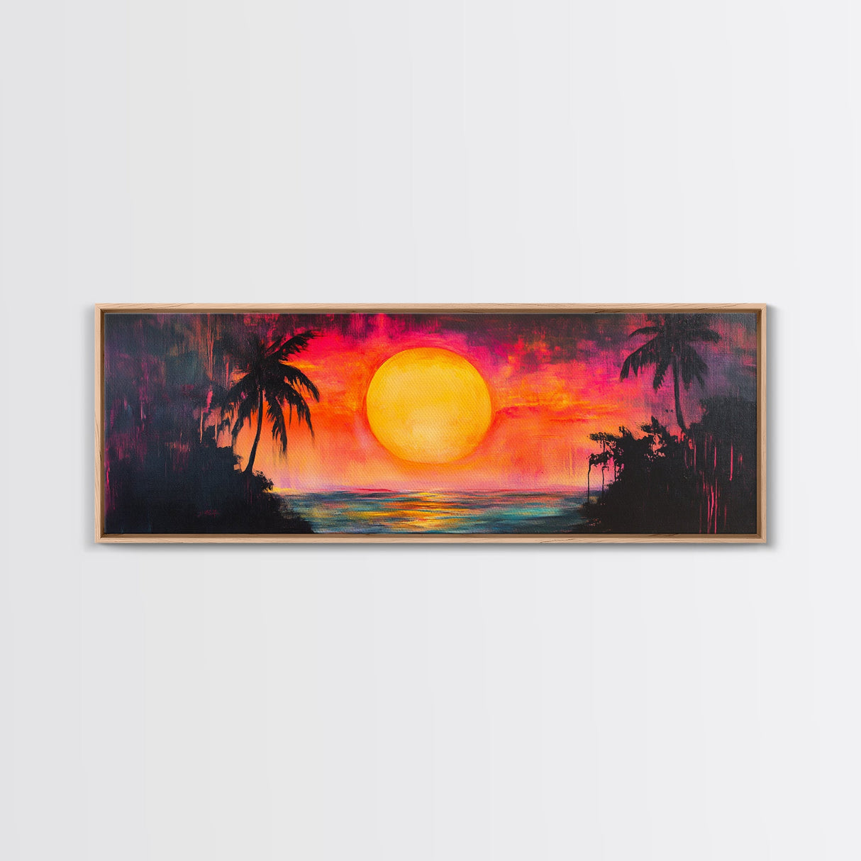 Island Sunset, Tropical Beach Painting, Palm Tree Silhouette, Paradise Art, Framed Canvas Print, Boho Style, Living Room Artwork