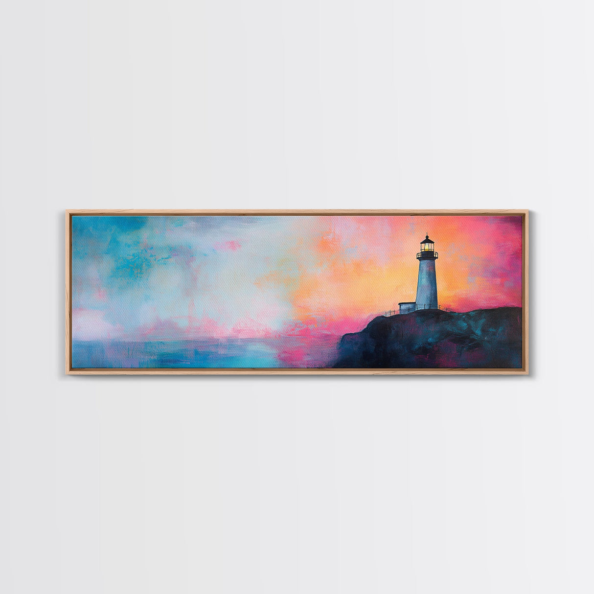 Lighthouse Sunset Canvas Print Nautical Wall Art, Vibrant Coastal Painting, Pink and Blue Seascape, Bedroom Decor
