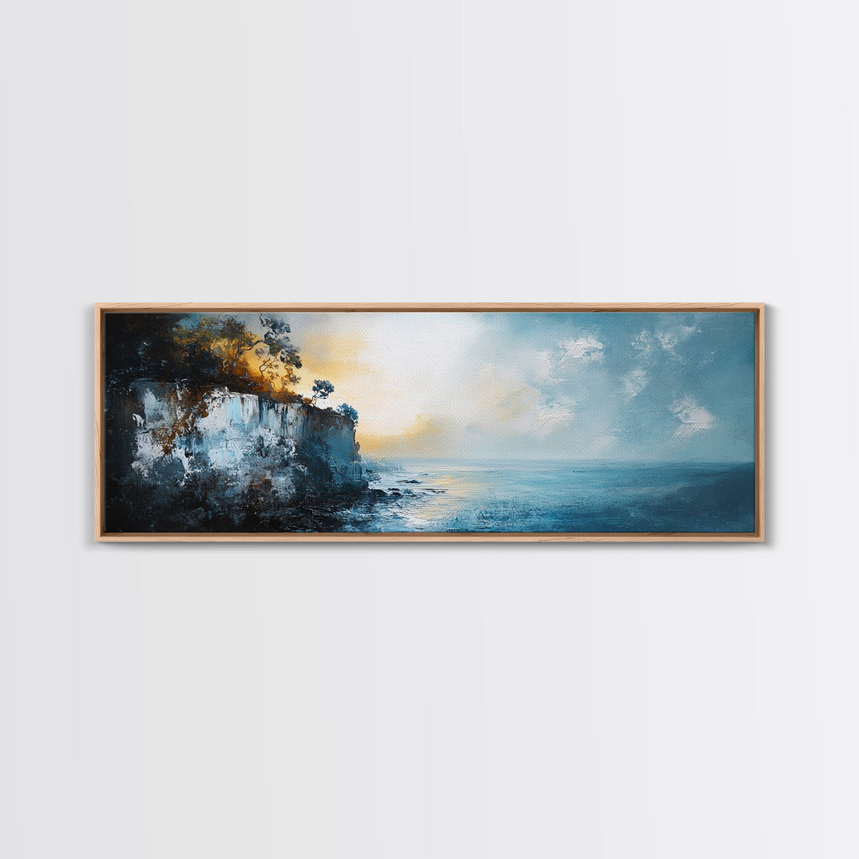 Misty Ocean Cliffs Canvas Print Moody Coastal Wall Art, Dark Blue Seascape Painting, Foggy Landscape, Contemporary Office Decor