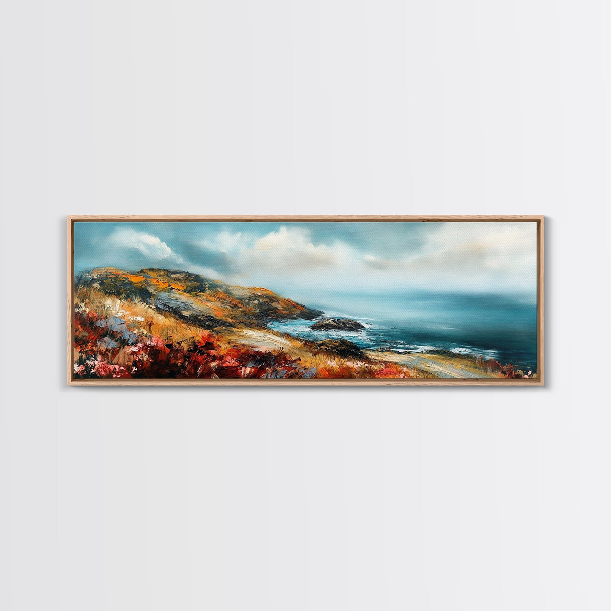 Coastal Cliffside Painting, Vibrant Seaside Landscape, Ocean Beach Art, Modern Nautical Wall Decor, Contemporary Bedroom Accent