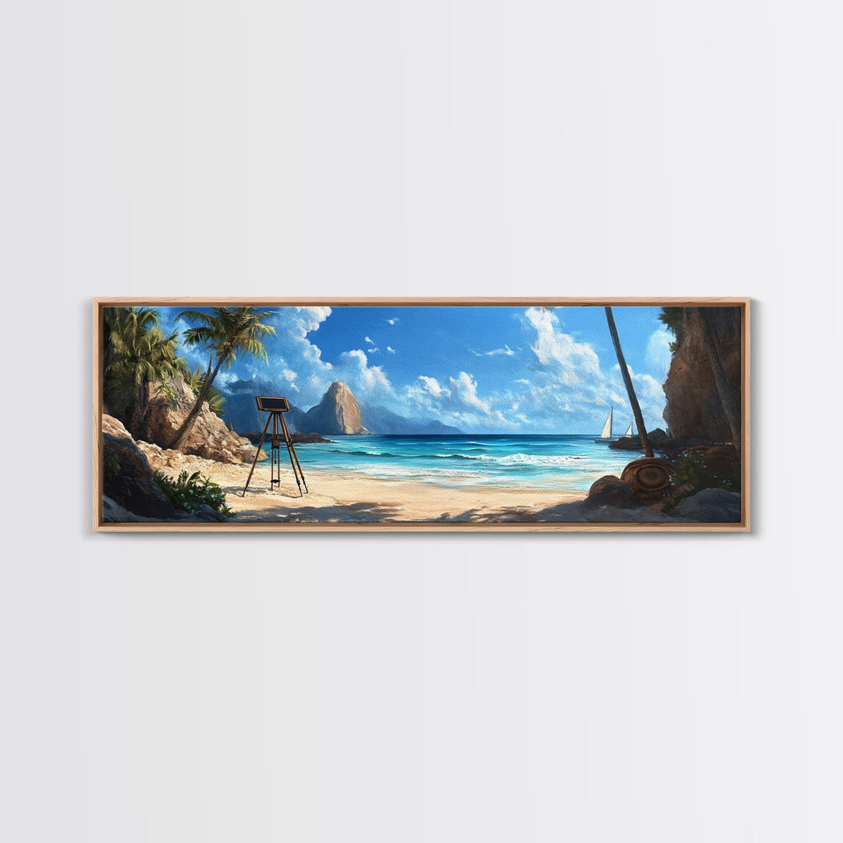 Tropical Beach Framed Canvas Print, Seaside Paradise Wall Art, Coastal Landscape Painting, Ocean View Decor, Office Art
