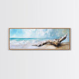 Driftwood on the Beach, Tranquil Coastal Landscape Wall Art, Serene Ocean Painting, Minimalist Seascape Decor, Relaxing Artwork