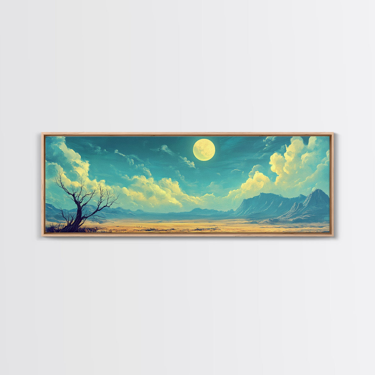 Moonlit Desert Nightscape, Mystical Blue and Gold Landscape Art, Dreamy Celestial Wall Decor, Surreal Nature Painting