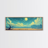 Moonlit Desert Nightscape, Mystical Blue and Gold Landscape Art, Dreamy Celestial Wall Decor, Surreal Nature Painting