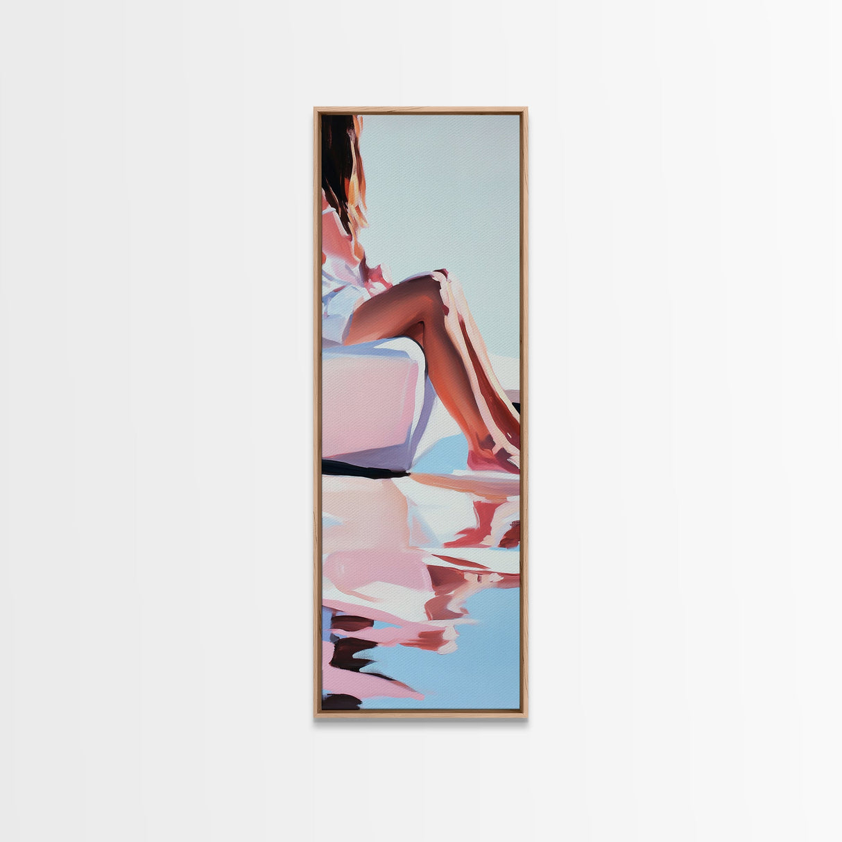 Sunlit Poolside, Elegant Woman Art, Minimalist Feminine Decor, Summer Painting, Warm and Serene Aesthetic, Framed Canvas Print