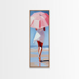 Woman with Umbrella, Summer Vibes, Framed Canvas Print, Coastal Minimalist, Soft Pastel Art, Relaxing Wall Art, Living Room Decor