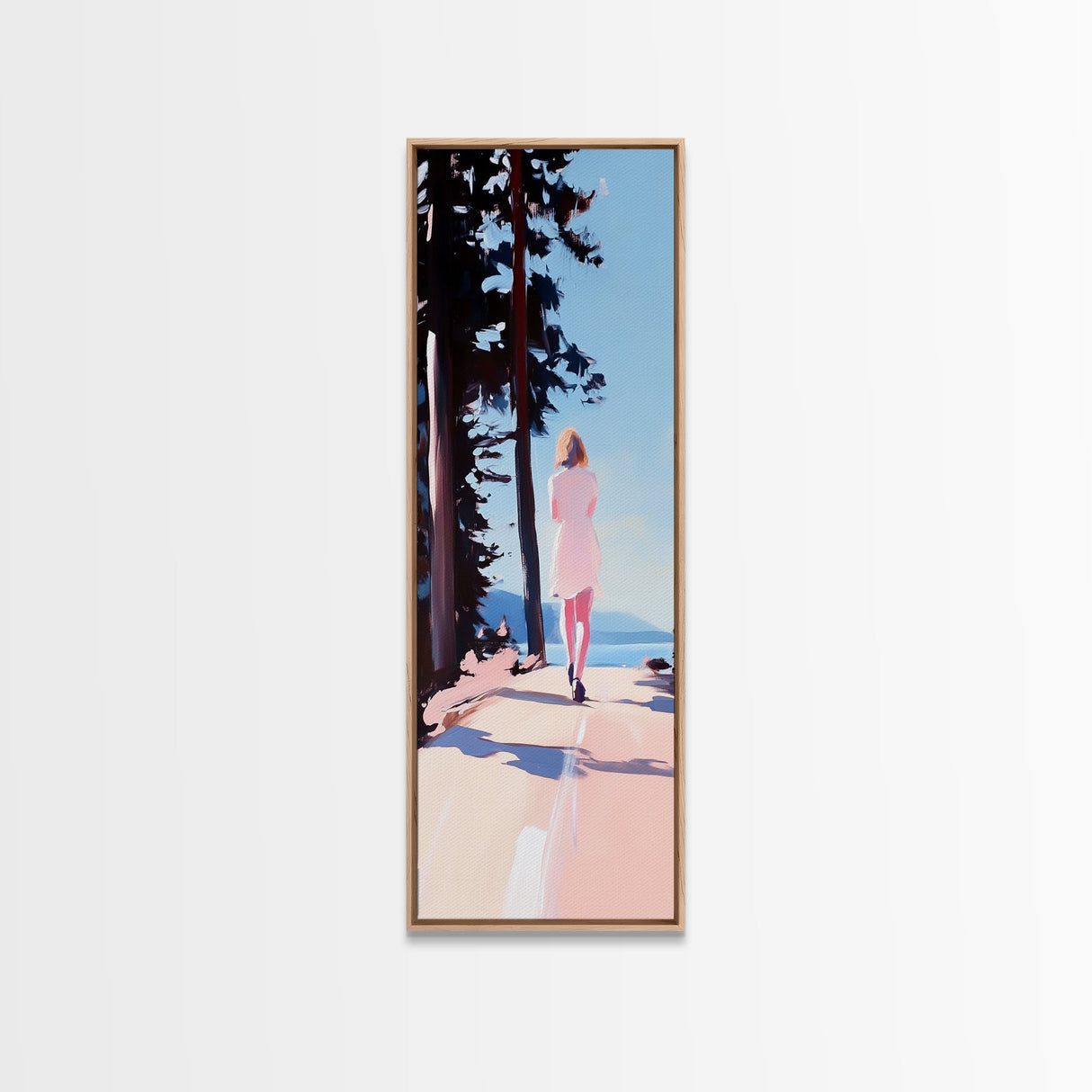 Walking Alone, Pink Dress, Scenic Art, Framed Canvas Print, Minimalist Wall Art, Nature Painting, Bedroom Decor, Boho Art, Gift