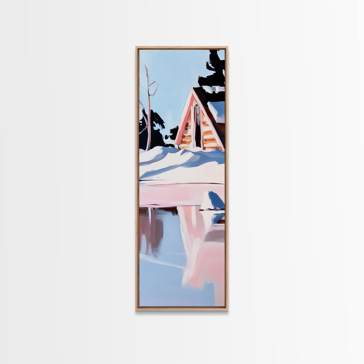 Winter Cabin, Snowy Reflections, Framed Canvas Print, Cozy Rustic Wall Art, Nordic Aesthetic, Minimalist Landscape, Bedroom Decor