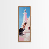 Lighthouse Art, Coastal Wall Decor, Nautical Painting, Ocean Wall Art, Minimalist Seascape, Blue Sky Print, Framed Canvas Print