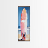 Pink Surfboard, Beach House Art, Coastal Aesthetic, Surfer Lifestyle, Summer Vibes, Ocean Theme Framed Canvas Print, Modern Wall Decor