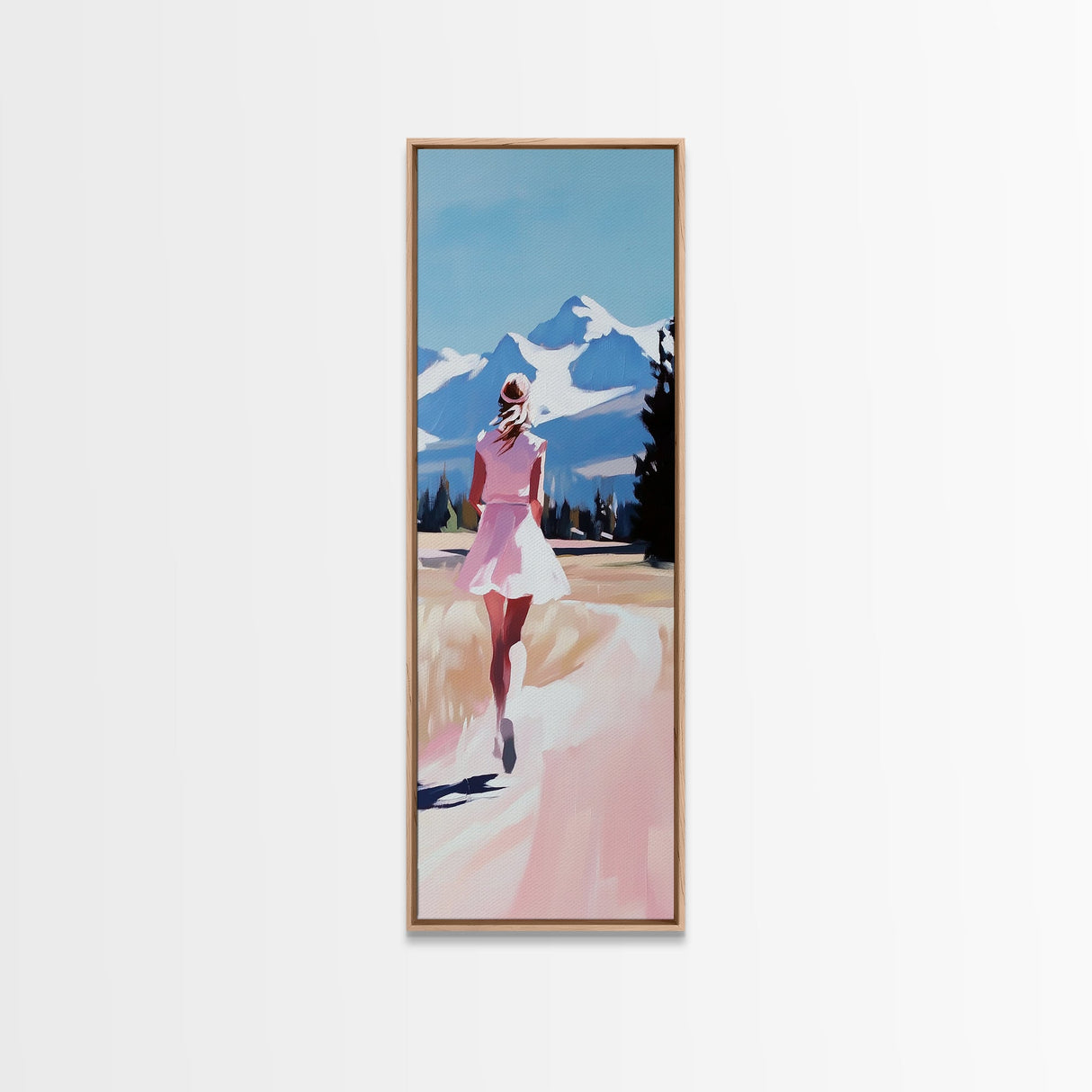 Mountain Runner, Pink Dress, Scenic Landscape Art, Framed Canvas Print, Minimalist Wall Art, Nature Lover, Bedroom Wall Art