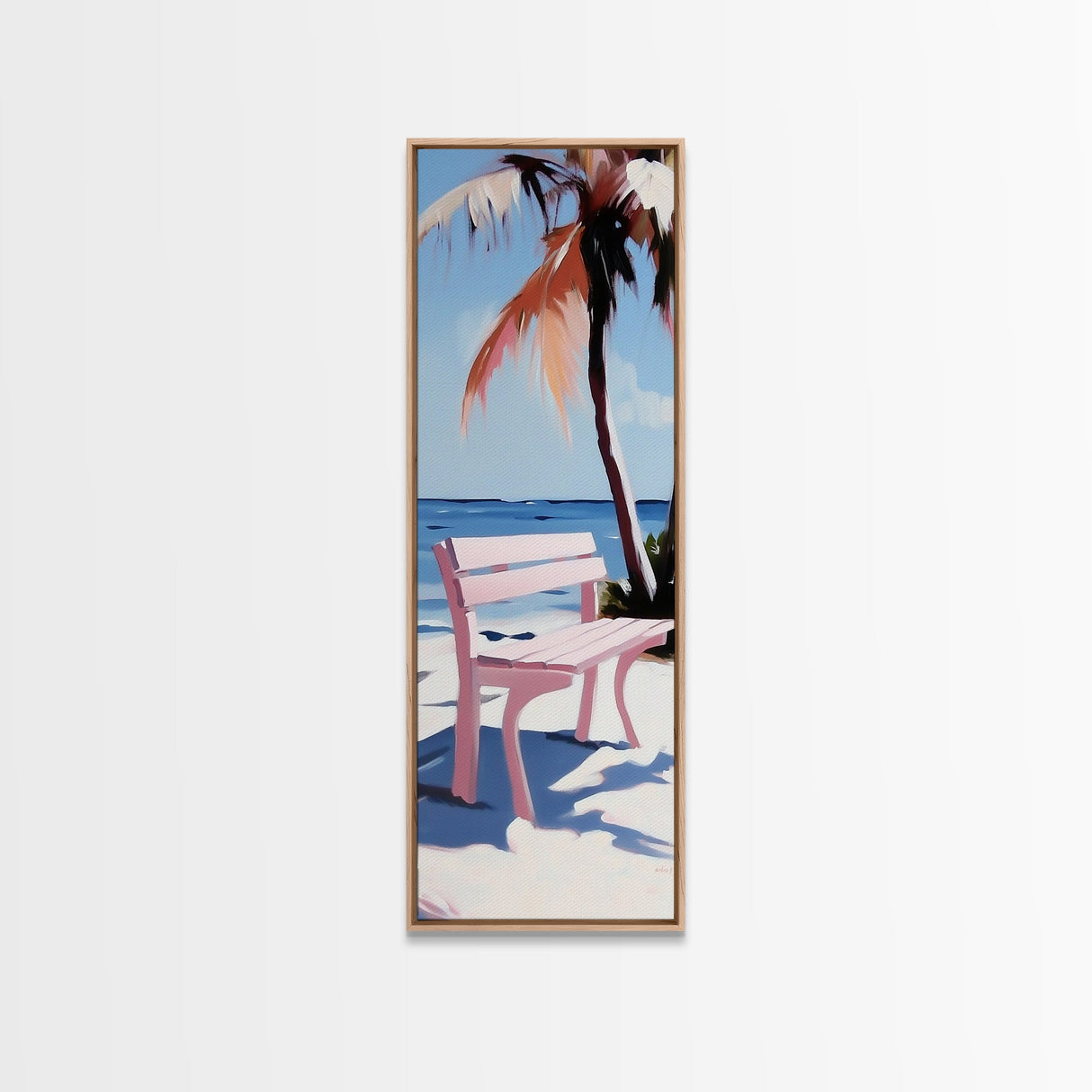 Beach Bench, Palm Tree, Ocean View, Framed Canvas Print, Coastal Wall Art, Tropical Decor, Boho Beach Art, Living Room Wall Art