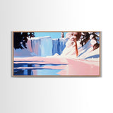 Winter Waterfall, Frozen River, Snowy Landscape, Framed Canvas Print, Minimalist Art, Living Room Wall Art, Nature Scene, Icy Blue