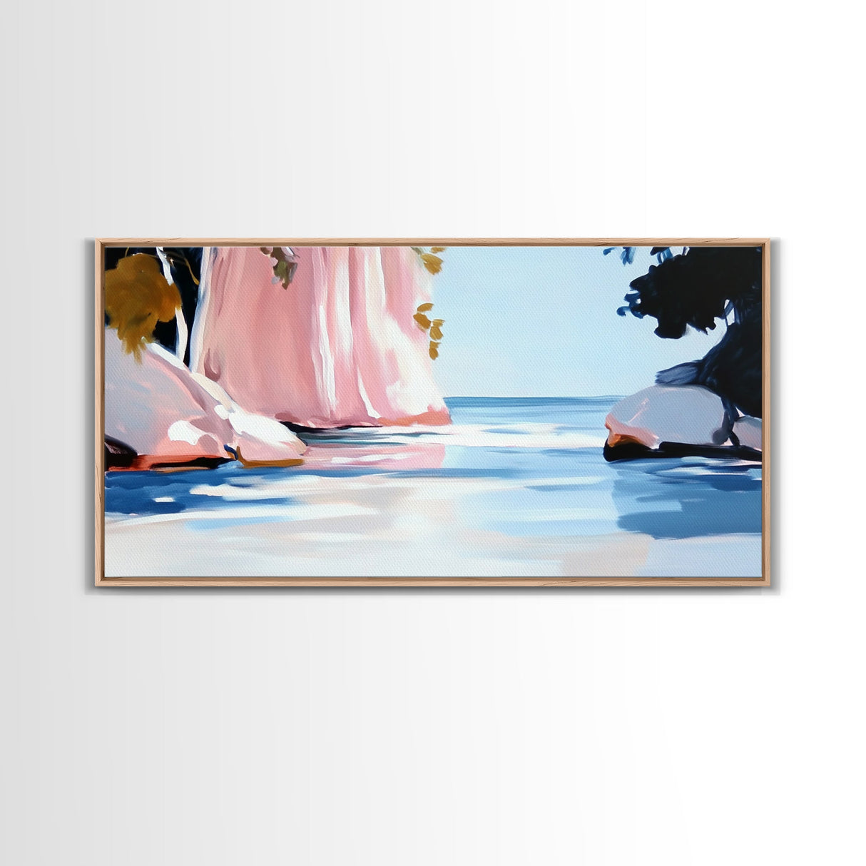 Pink Waterfall, Abstract Landscape, Minimalist Art, Coastal Wall Decor, Living Room Art, Framed Canvas Print, Nature-Inspired Home Art